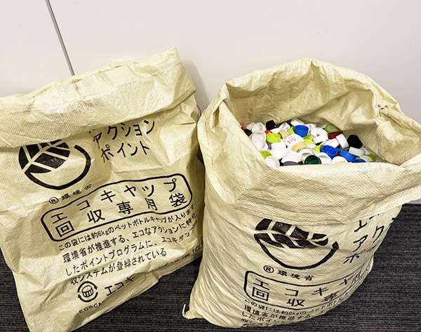 ペットボトルキャップが入ったエコキャップ回収専用袋